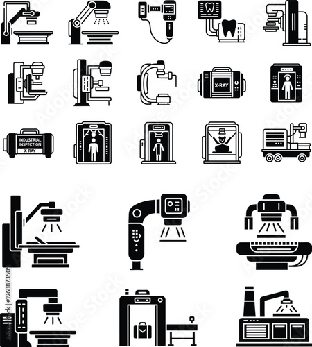 Industrial machines and equipment icons set with industrial machine with factory equipment with robot arm