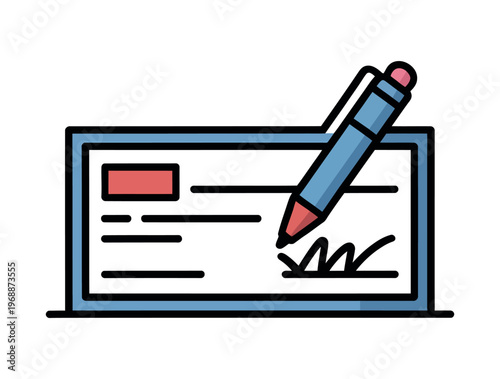 A blue and red pen is signing a check on a laptop screen, indicating a financial transaction or digital banking.