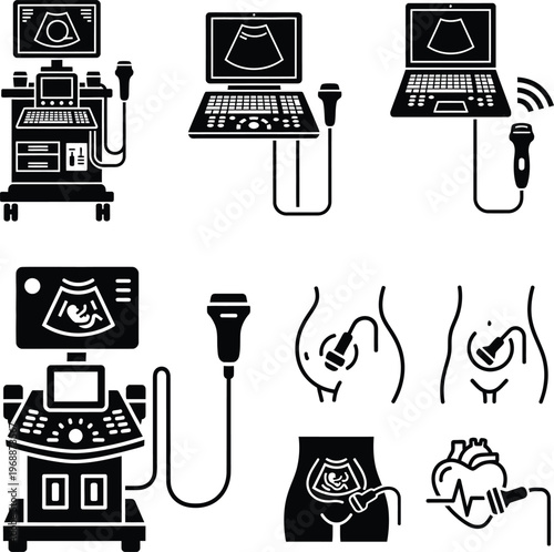 Ultrasound machine and medical imaging icons with medical equipment with diagnostic imaging with pregnancy sca