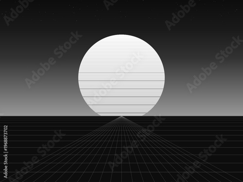Retro Futuristic Sun Wireframe Grid Dark Background Vector