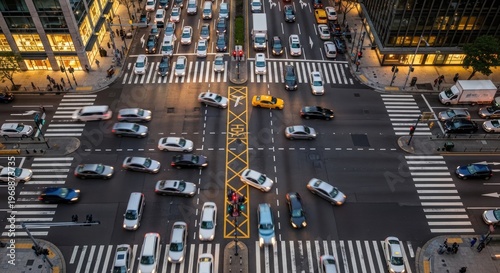 Aerial view of a busy city intersection with cars and traffic