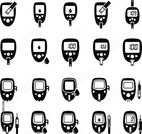 Blood glucose meter icons set with health tracker with vital signs with flat design with line art