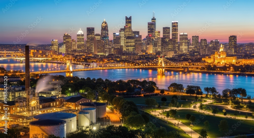 Naklejka premium City skyline at dusk illuminated buildings and river landscape