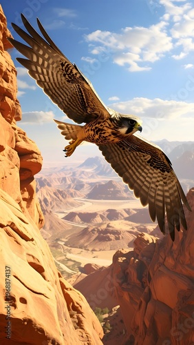 Falcon soars; brown plumage over arid desert landscape, blue sky, rocky cliffs on left