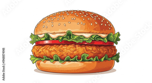 Crispy Chicken Burger Illustration with Lettuce and Tomato
