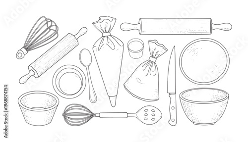 Hand Drawn Baking Utensils Collection Including Rolling Pins Whisks Bowls and Piping Bags
