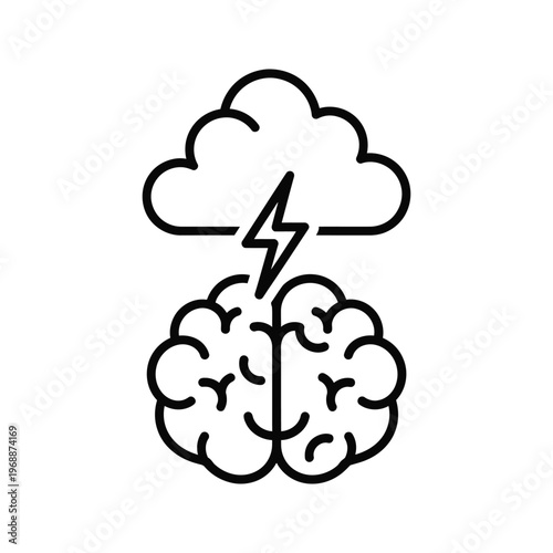 Brain with a lightning bolt and cloud, symbolizing a powerful idea or brainstorm.