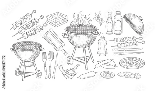 Hand drawn barbecue grill with skewers food and condiments meat