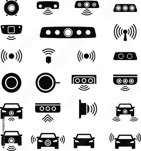 Icons representing autonomous driving sensors and cars with car sensor with vehicle technology with future car
