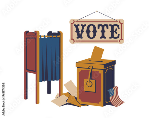 An illustration of a voting booth and ballot box with an American flag and a sign that says vote.