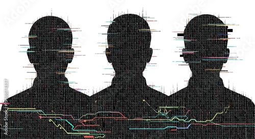 Silhouettes of three men faces technology.