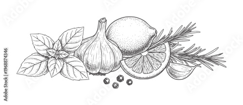 Hand drawn of garlic lemon rosemary and basil with peppercorns