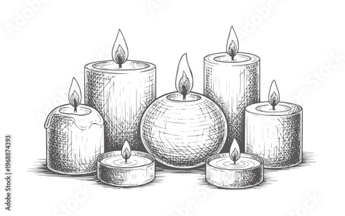 Hand drawn of seven lit candles of various shapes and sizes flame fire light