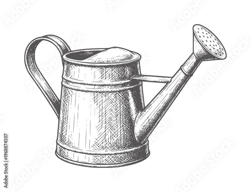 Vintage metal watering can with a long spout and perforated rose garden