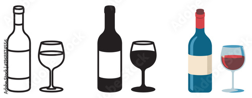 wine bottle glass icon set, hand drawn sketch style collection wine tasting bar menu logo label vintage alcohol vector illustration