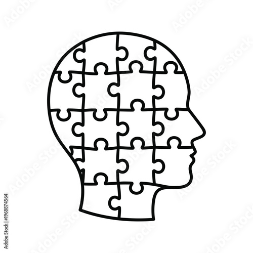 Human head profile made of puzzle pieces, line art, representing complexity, problem-solving, and the mind.
