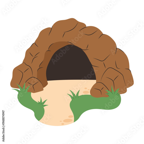 Stone Cave Entrance with Grass and Path Flat Vector Illustration Isolated on White Background