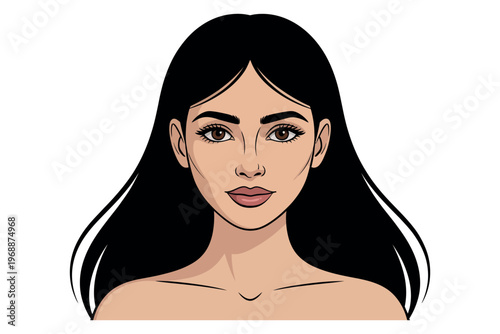 A beautiful cartoon woman with long black hair and brown eyes
