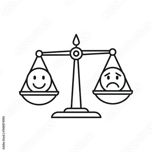 Line art illustration of a balance scale weighing a happy face against a sad face.