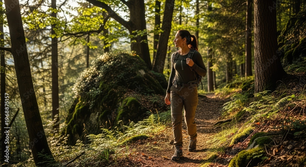 Obraz premium Woman hikes forest trail sunlight adventure leisure exploration nature