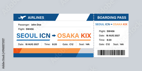 Realistic illustration of airplane ticket boarding pass with passenger name and destination. Concept of travel, journey or business trip.