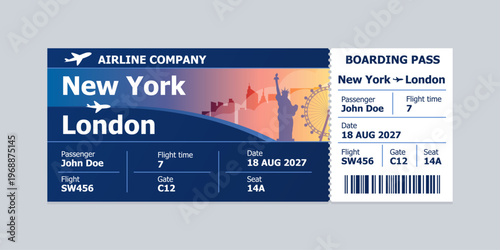 Realistic illustration of airplane ticket boarding pass with passenger name and destination. Concept of travel, journey or business trip.