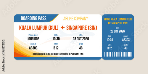 Realistic illustration of airplane ticket boarding pass with passenger name and destination. Concept of travel, journey or business trip.