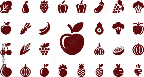 Collection of isolated red fruit and vegetable icons arranged in a grid pattern on a white background
