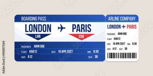 Realistic illustration of airplane ticket boarding pass with passenger name and destination. Concept of travel, journey or business trip.