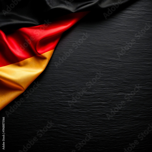 German flag fabric in black, red and gold lies on a dark textured background. Elegant folds and dramatic light create a stylish patriotic backdrop.
