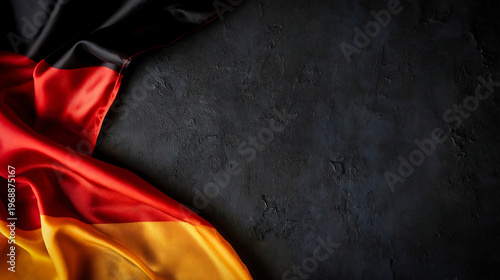German flag fabric in black, red and gold lies on a dark textured background. Elegant folds and dramatic light create a stylish patriotic backdrop.