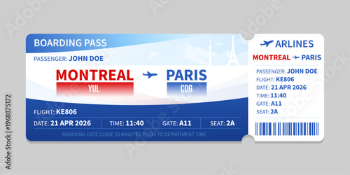 Realistic illustration of airplane ticket boarding pass with passenger name and destination. Concept of travel, journey or business trip.