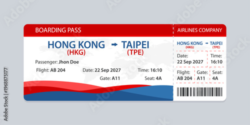 Realistic illustration of airplane ticket boarding pass with passenger name and destination. Concept of travel, journey or business trip.