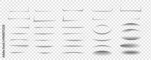 Collection of transparent shadow effects. Realistic black shadows from paper or box shapes. Square and rectangular shadow stripes isolated on transparent background. Vector illustration.