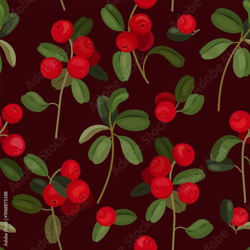 red lingonberry berries with green leaves, seamless pattern on a maroon background of wild berries for printing on fabric, packaging, wallpaper, for interior decor and design and clothing