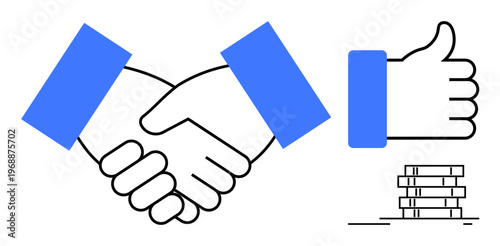 Business success. Business handshake partnership, thumbs up for approval, and stacked coins indicating financial growth. Business success in teamwork, finance, entrepreneurship, marketing, and trade