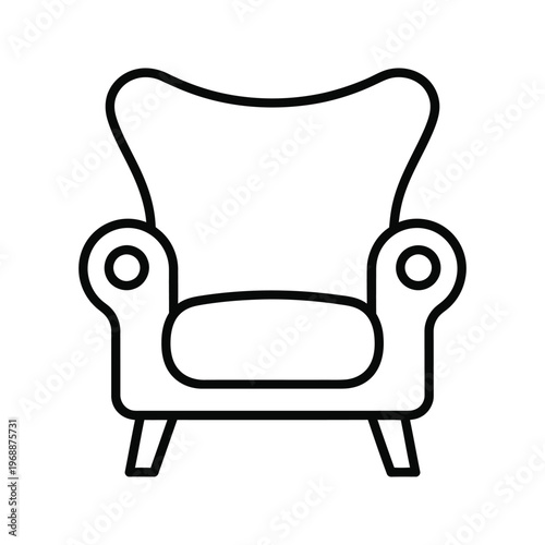 Simple line art icon of a classic wingback armchair, representing comfort and home decor.