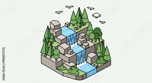 Isometric forest waterfall landscape with trees and rocks.