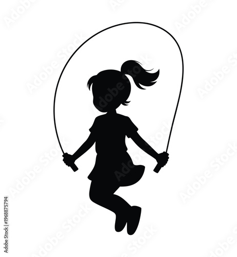 A silhouette of a young girl jumping rope with a ponytail and a big smile