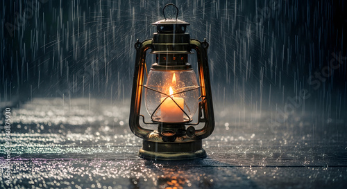 Old Lantern Burning Brightly in Heavy Rain candle light