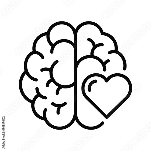 Iconic representation of a brain split with a heart, symbolizing emotional intelligence and balance.