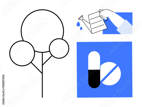 Growth, healthcare, sustainability, wellness, minimalism, pharmaceutical symbols. Minimalist tree, hand watering and pill icon on blue square. Growth and healthcare concepts visually