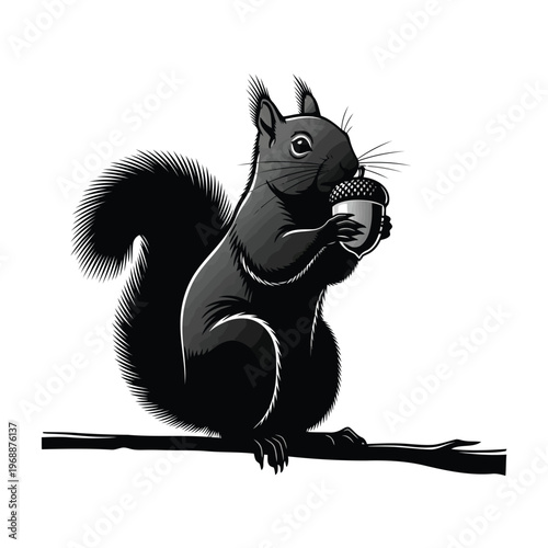 A squirrel sits on a branch eating a nut in forest nature.