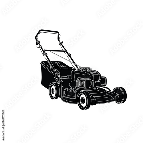 A lawnmower is being pushed across a lawn for maintenance outdoors