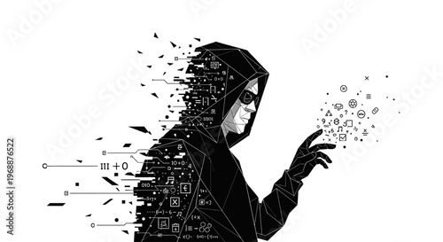 Hooded figure with code exploding.
