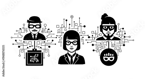 Black and white hackers with masks.