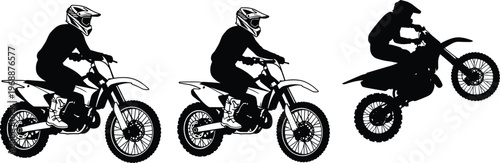 Motocross rider silhouettes set, dirt bike racing action, off road motorcycle jumps, extreme sport, biker stunt collection, dynamic illustration icons