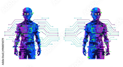 Robots standing in futuristic digital environment.