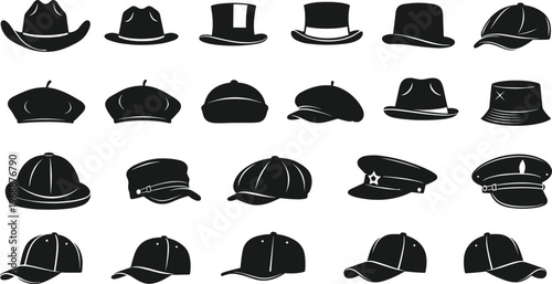 Vector icon set of various hat silhouettes including cowboy hats, top hats, berets, baseball caps, fedoras, and military headwear icons.