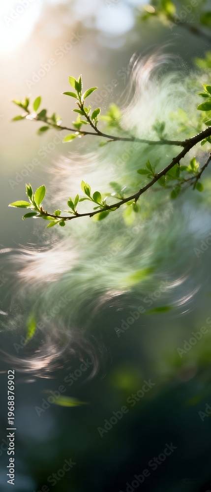 Fototapeta premium Spring Branch with New Leaves and Fluffy Mist